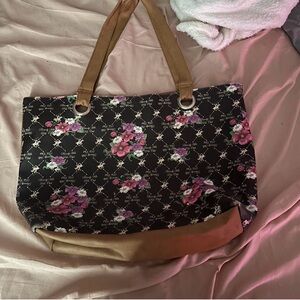 Beverly Hills Polo Club Black Floral Tote with Tan Handles